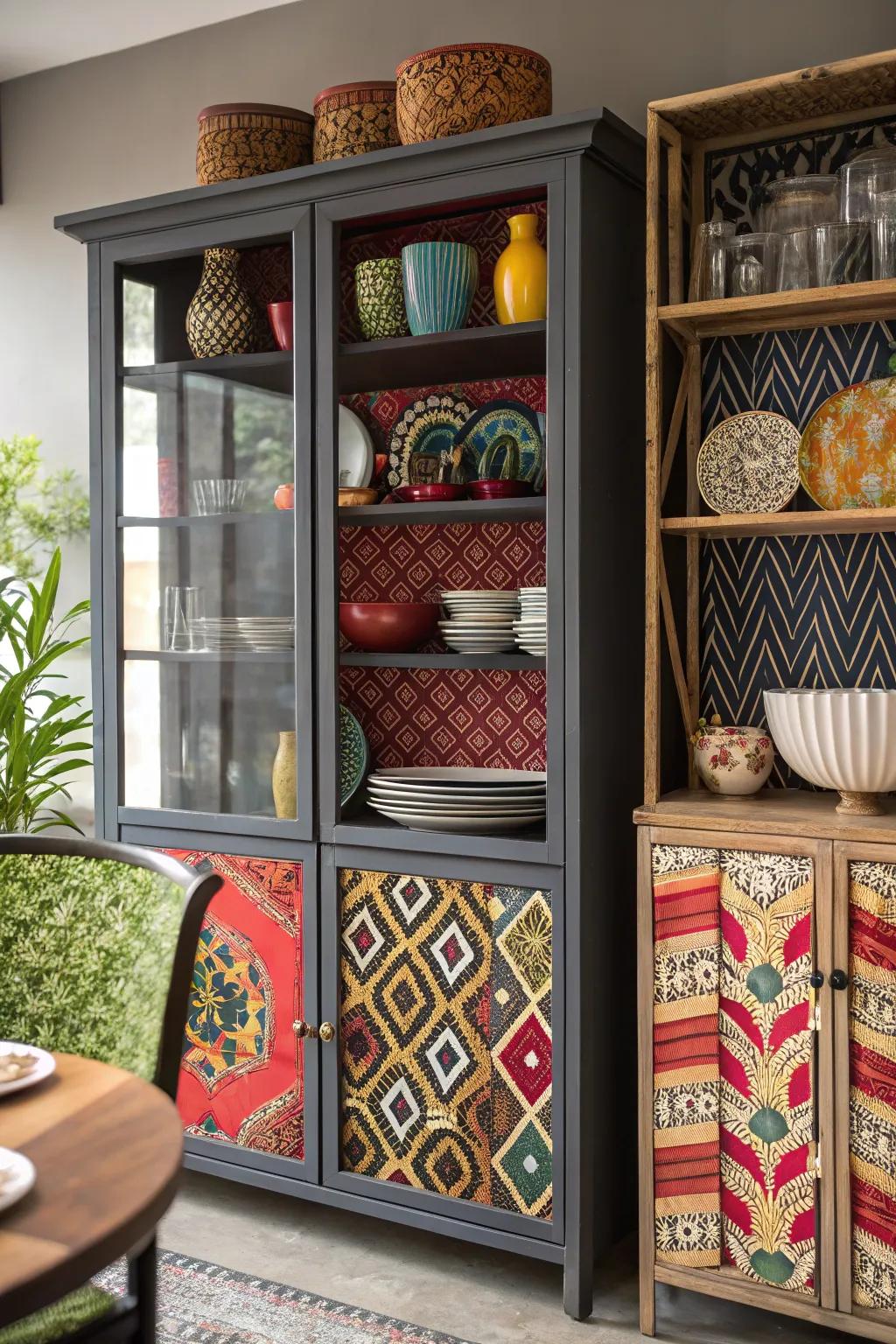 Eclectic cabinets add personality and flair to the dining room.