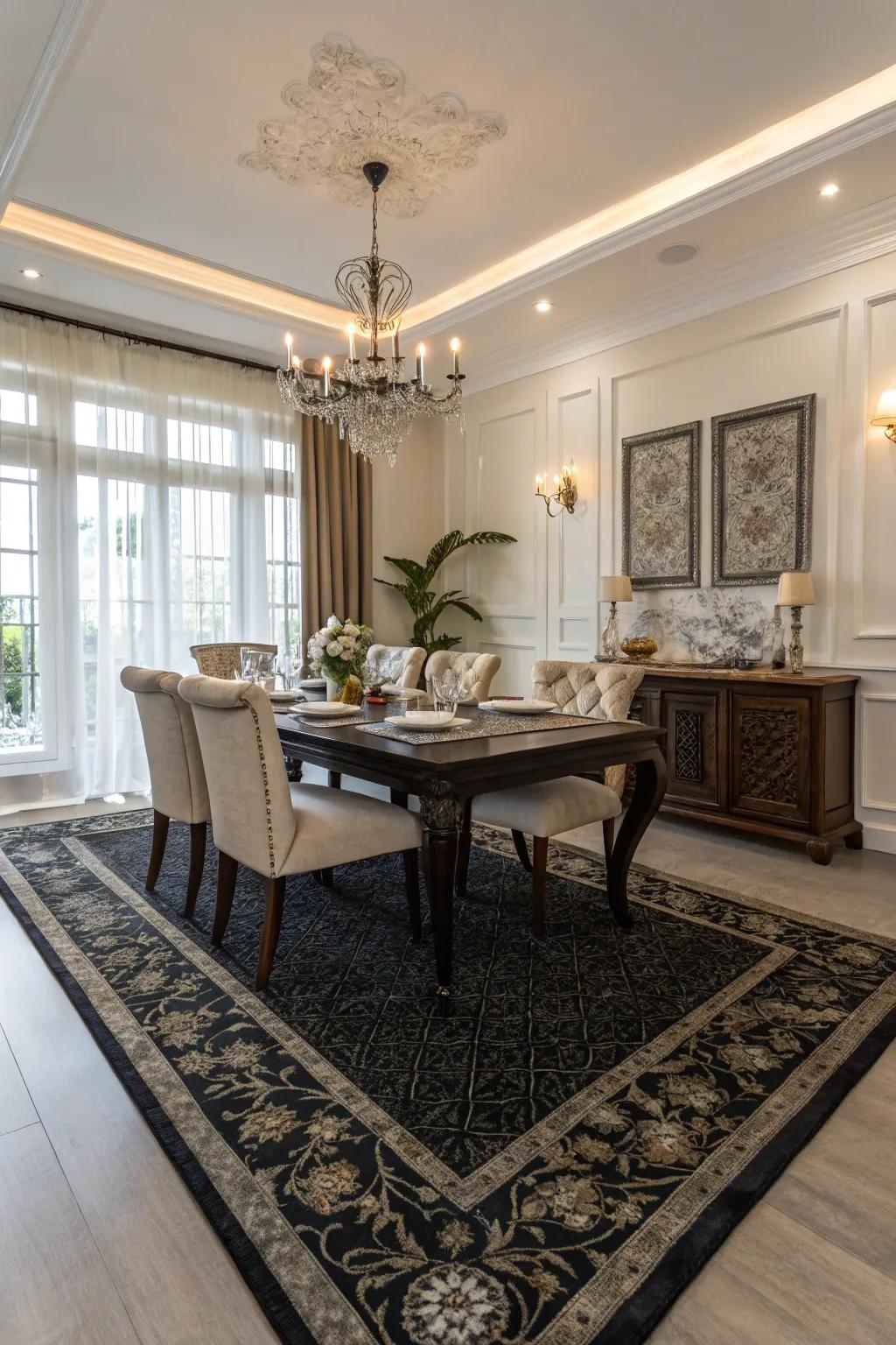 Shadowy-toned carpets contributing theatrics and sophistication to the dining room.
