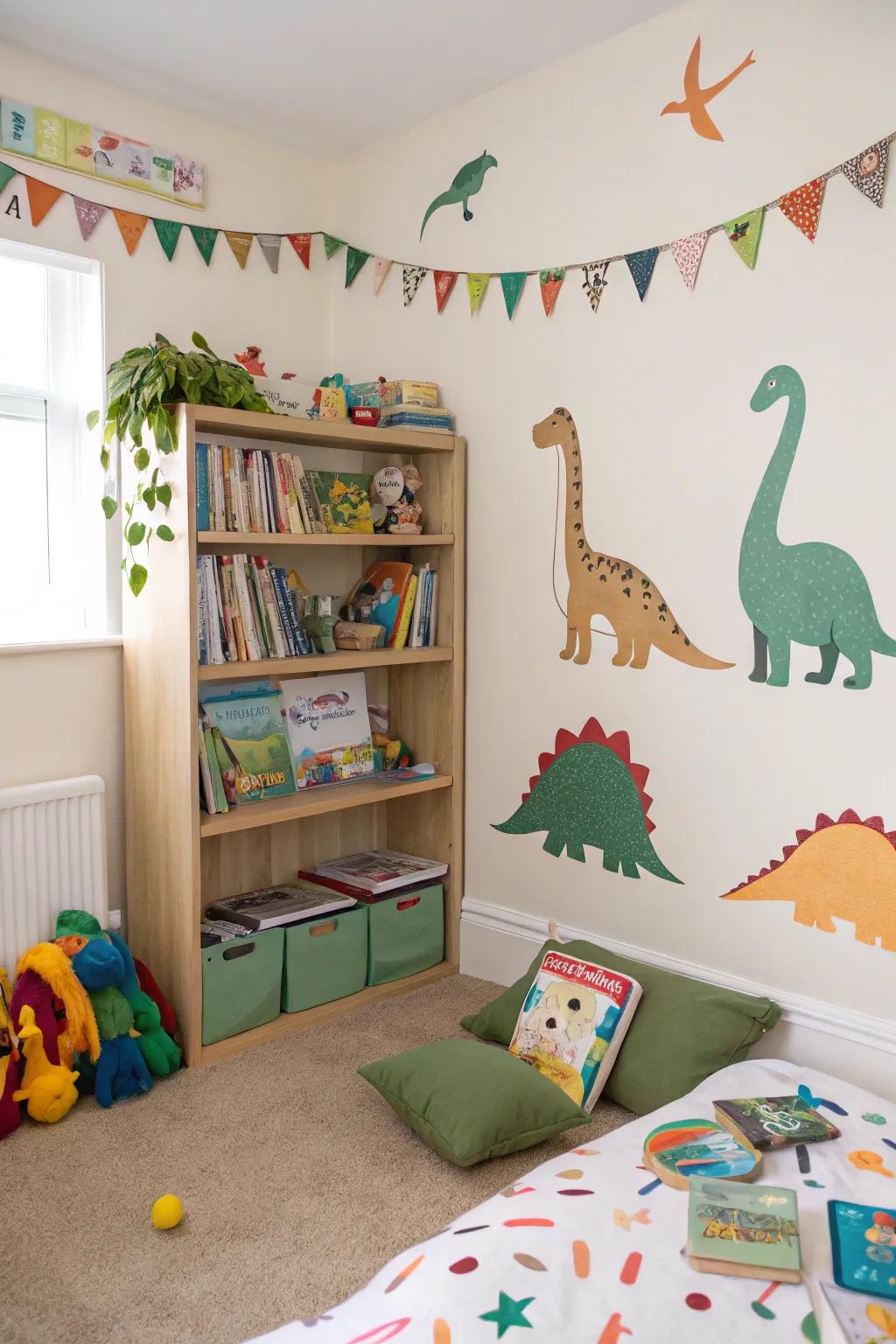A dinosaur-themed bookshelf serves as an inviting gateway to knowledge, promoting reading and learning in a playful, imaginative environment.