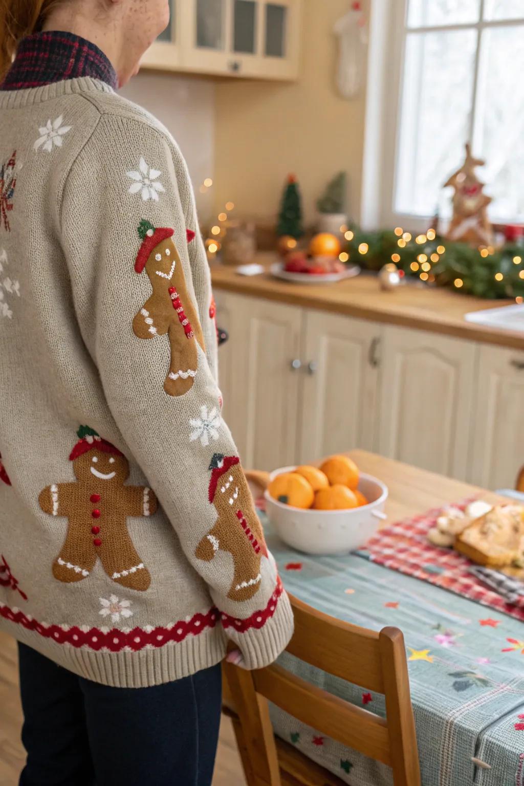 Gingerbread men bring mischief to this holiday sweater.