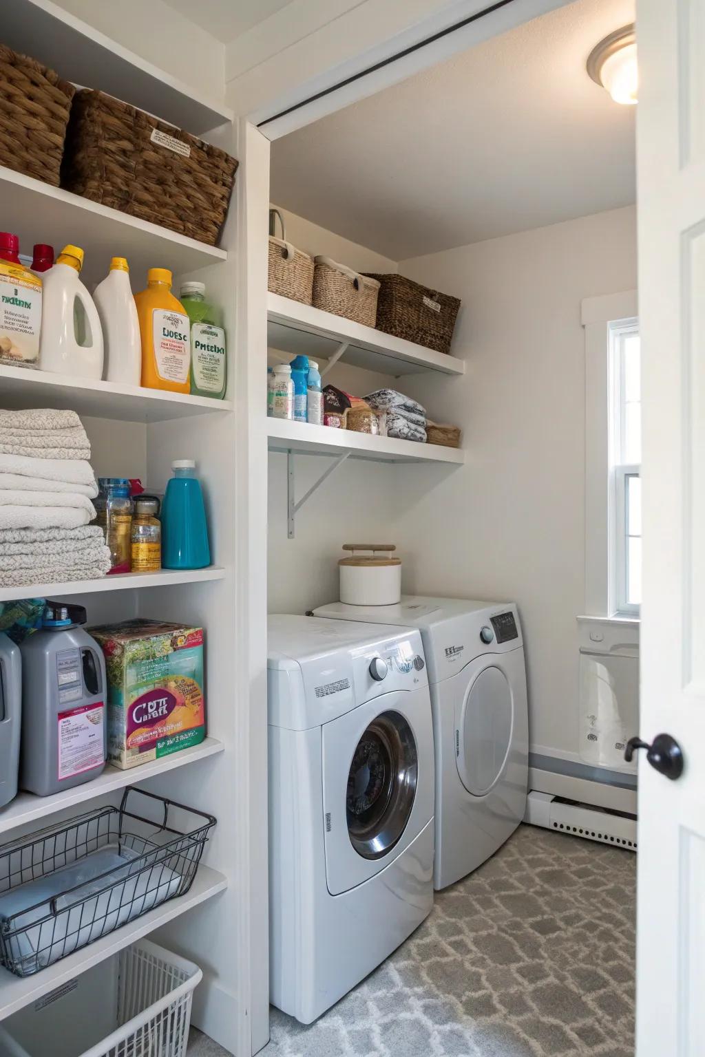 In any laundry area, corner shelves make effective use of space.