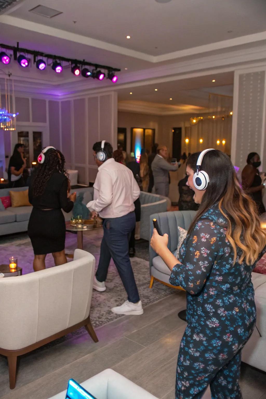 A silent disco offers a unique party experience where guests dance to their personal rhythm.