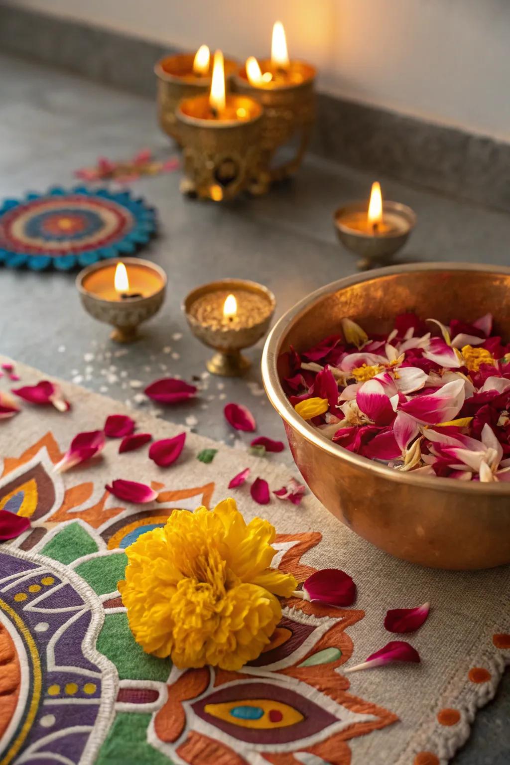 Scented flower petal bowls add an aromatic and festive element to the table.