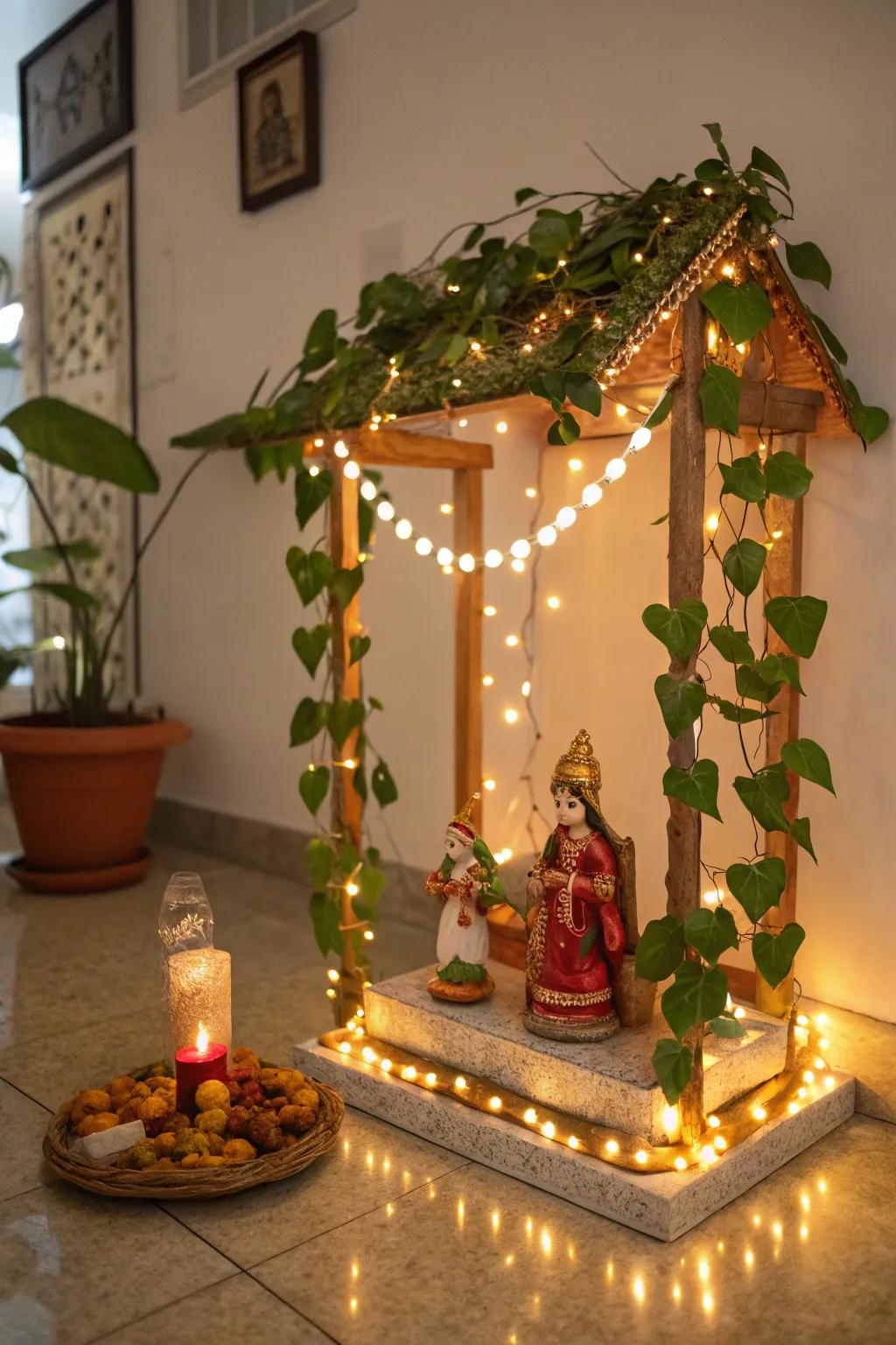 Foliage festoon illumination imparts a mystical radiance to the Golu scene.