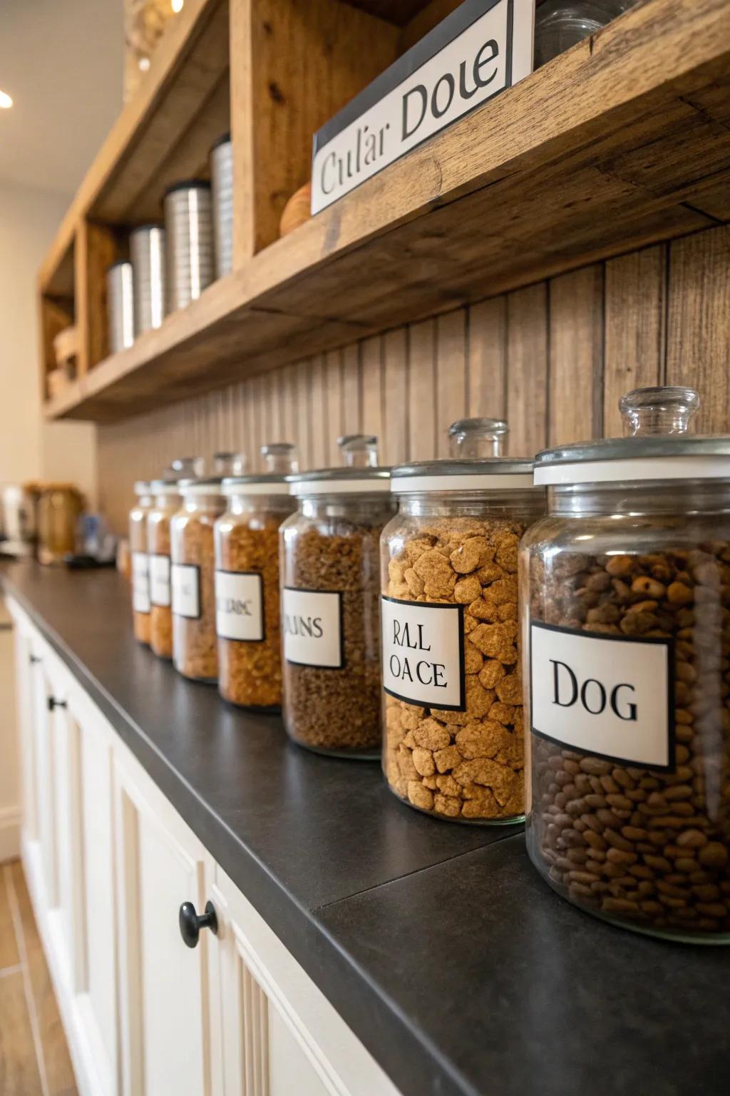 Custom labeled jars add a personal touch and keep dog food fresh and neat.