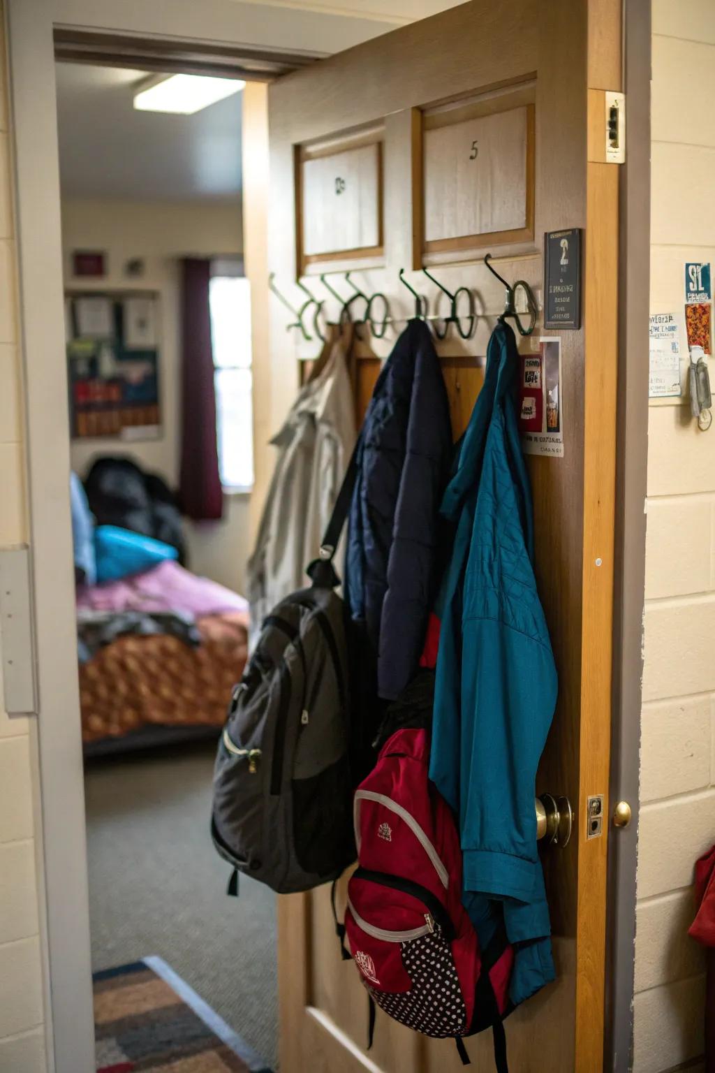 Utilize unused space with over-the-door hooks.