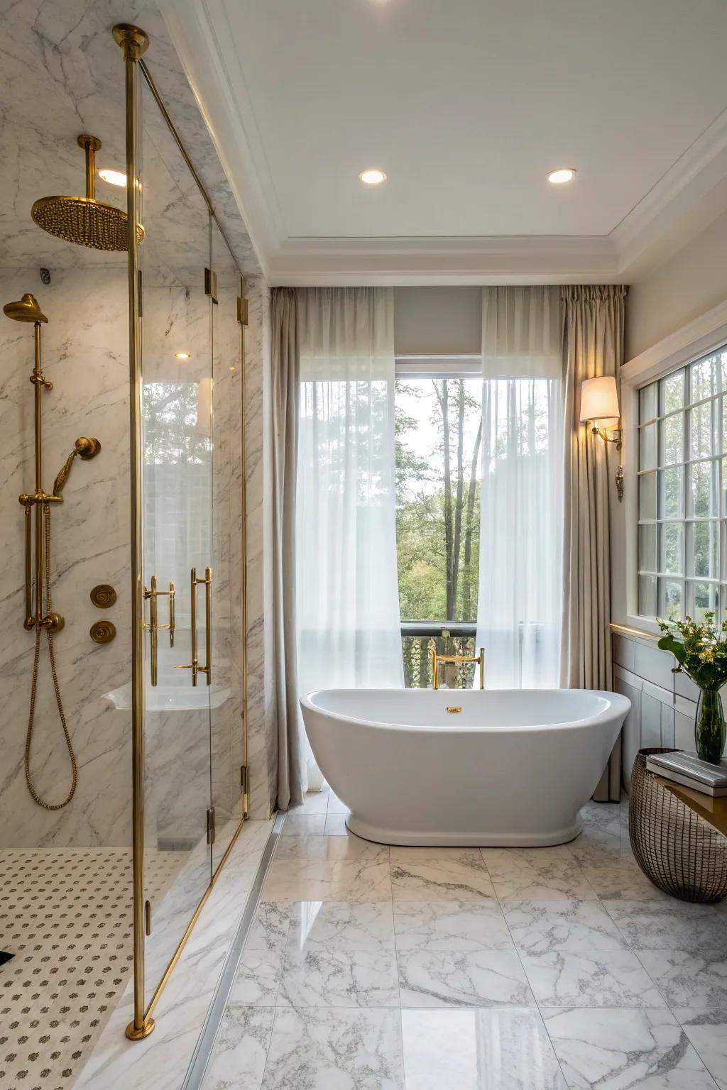 Mix luxury and use with a free-standing tub and double shower.