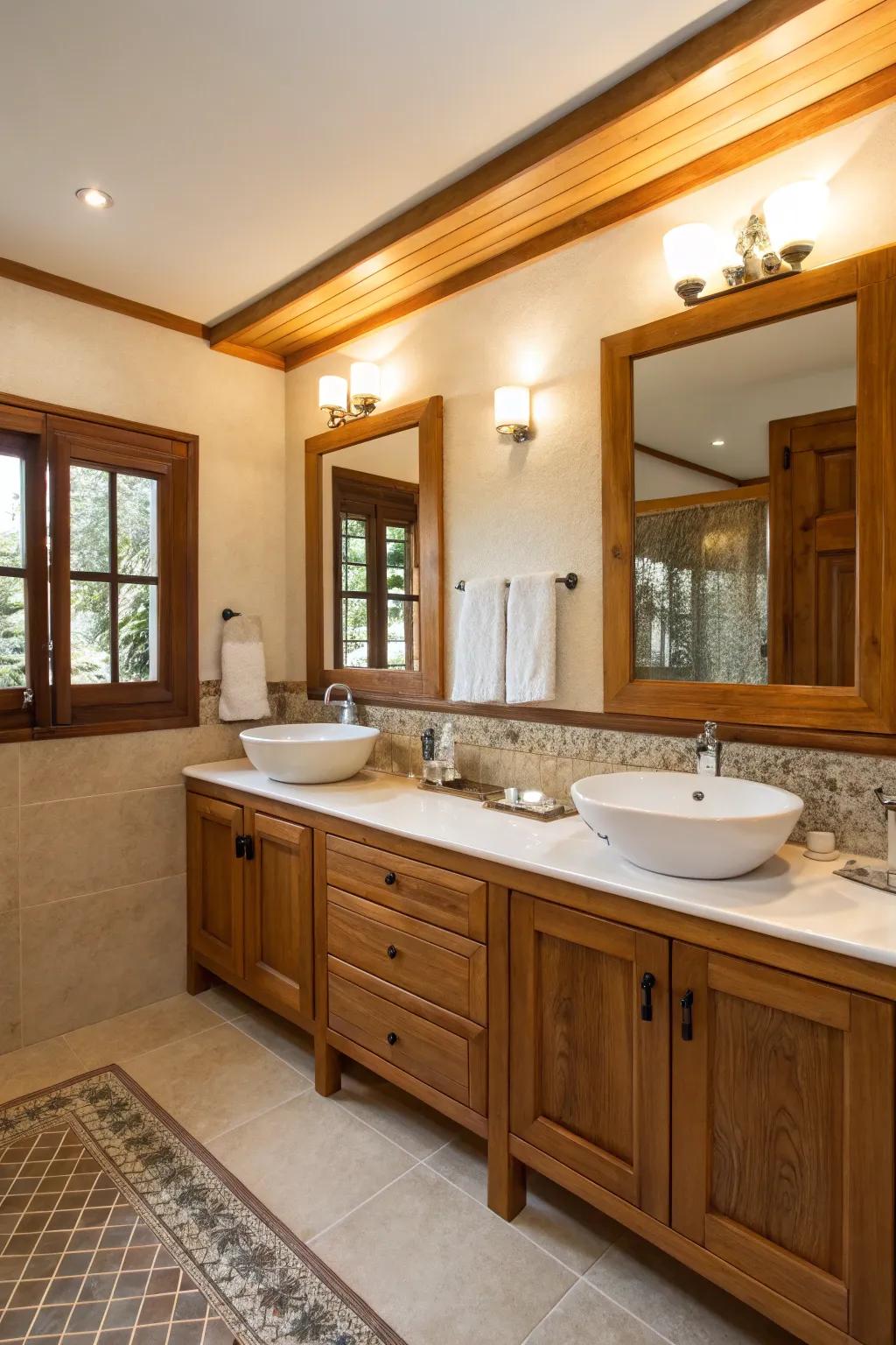 Warm wood cabinetry introduces a cozy element to this bathroom equipped with double sinks.