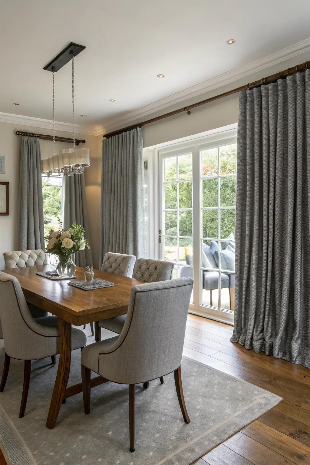 Pewter draperies harmonized with dining seating for a unified aesthetic.