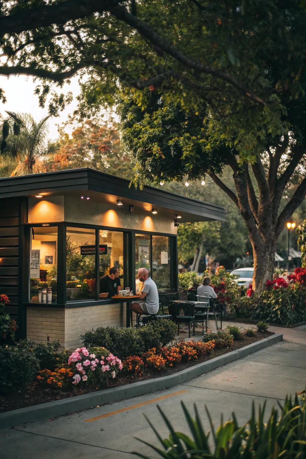 Drive-thru coffee shop featuring inviting plants that elevate the area.