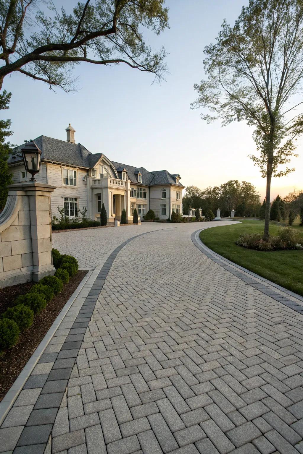 Order and harmony with balanced block arrangements on a stately driveway.