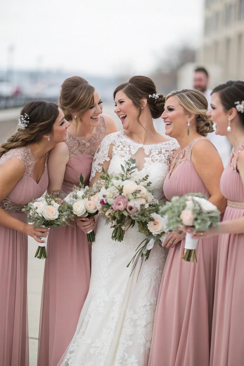 Wedding party dressed in sophisticated attire in antique rose.