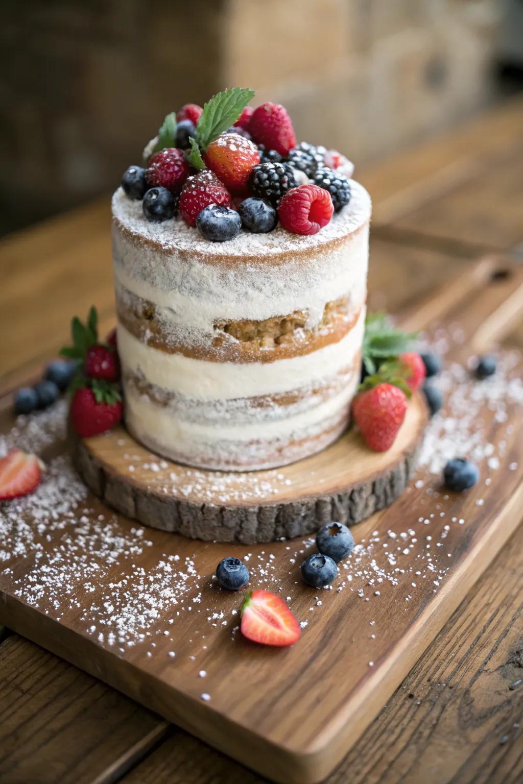 A countryside uncovered cake using new drupes for Easter.