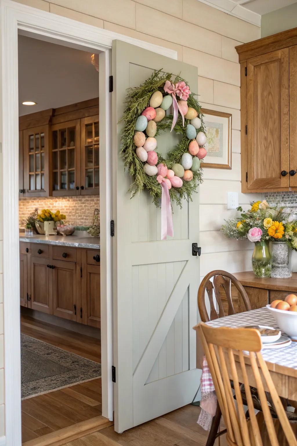 An Easter garland infuses charm and jubilation onto the pantry's access point.