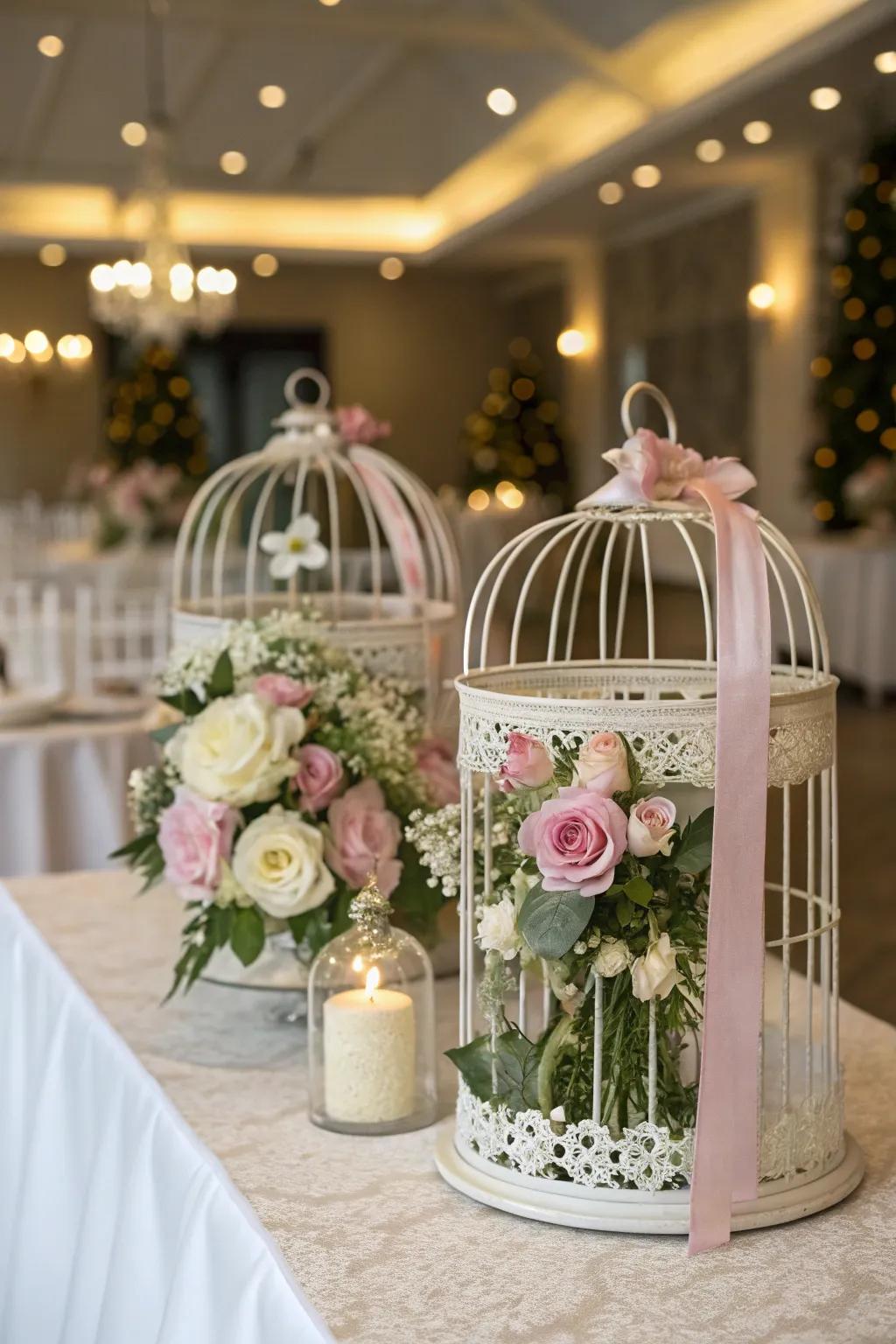 Wedding focal pieces featuring ornamental wire cages filled with blossom arrangements.