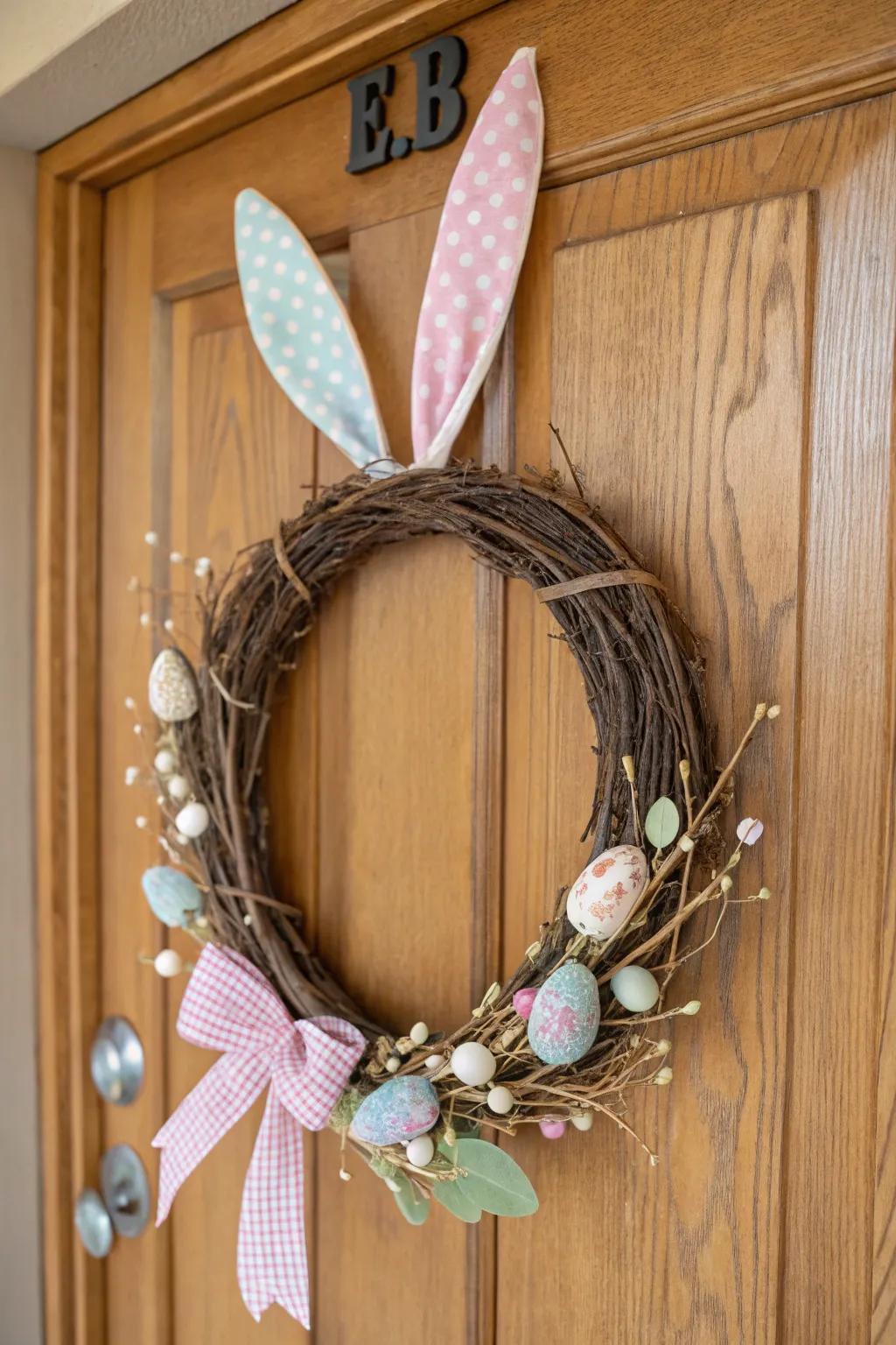 A simple Easter wreath featuring a creeping plant base and bunny ears, adding a sweet touch.