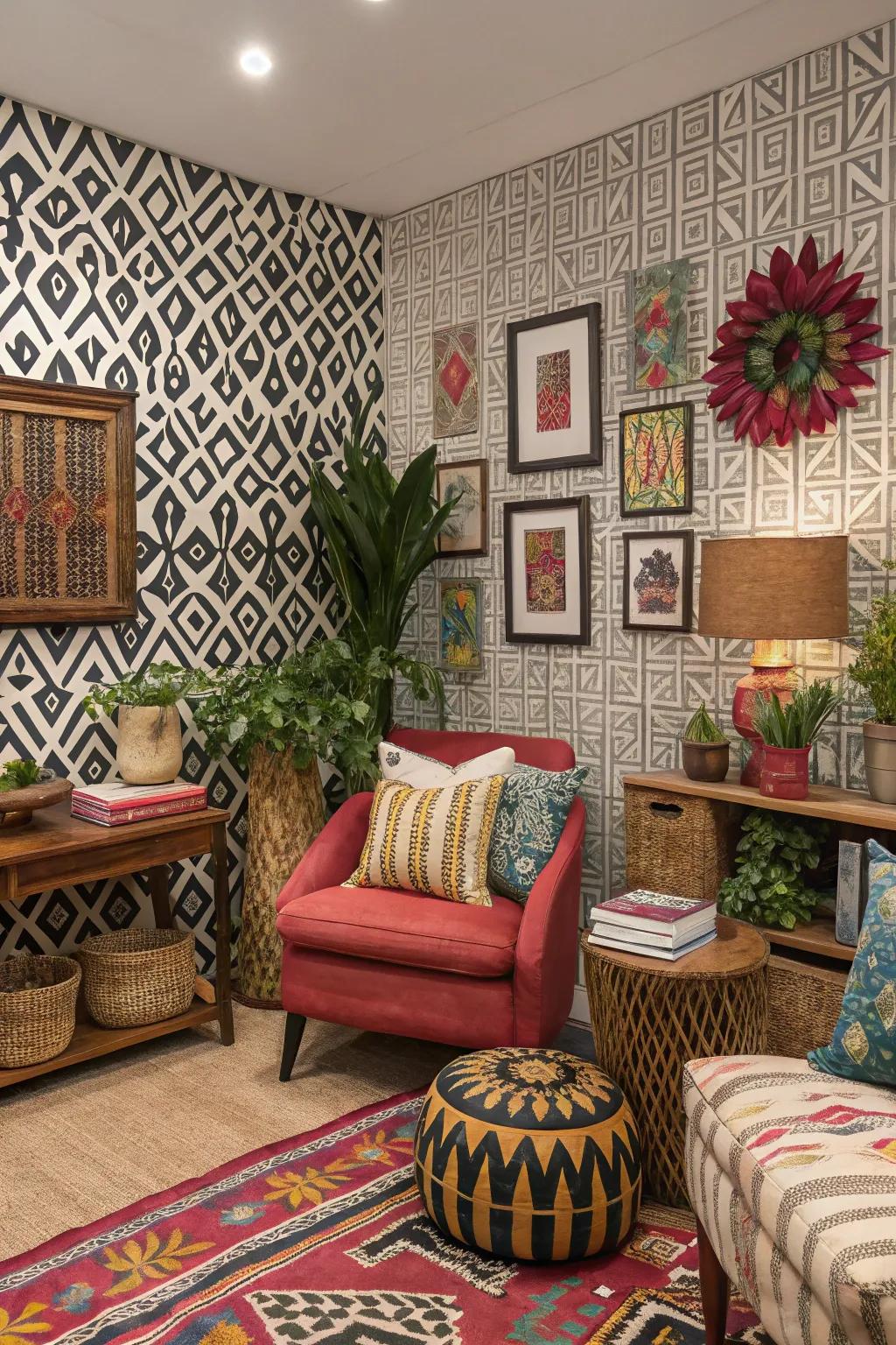 Striking wall covering becomes the focal point in this eclectic room.