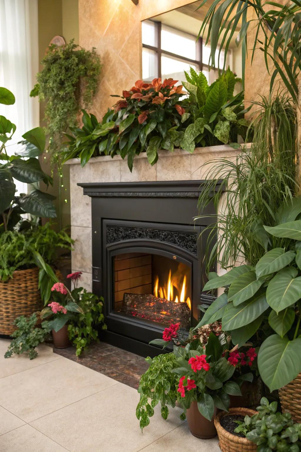 An electric fireplace is surrounded by lush greenery and indoor plants.