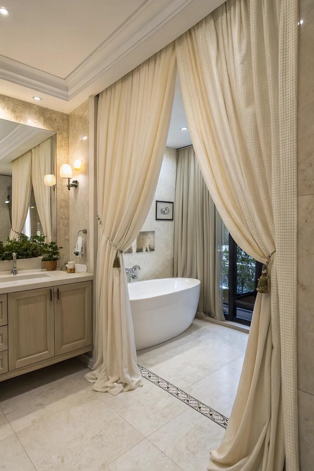 Elegant drapes enhance the softness and luxury of this bathroom.