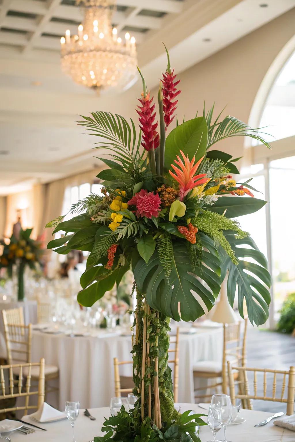 Exotic leaves and tropical flowers create a vibrant aesthetic