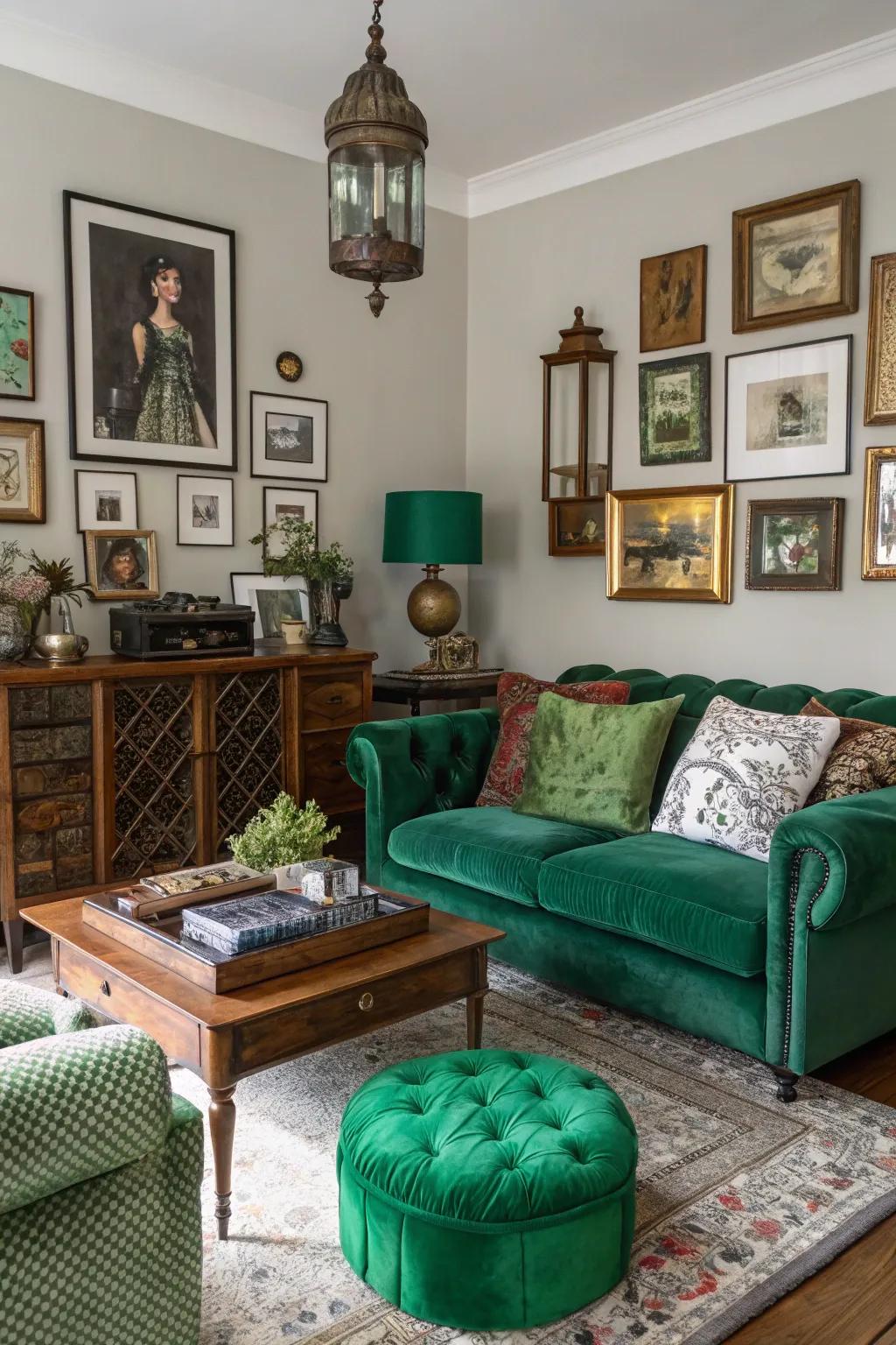 Diverse accessories contribute individuality to forest green decorations.