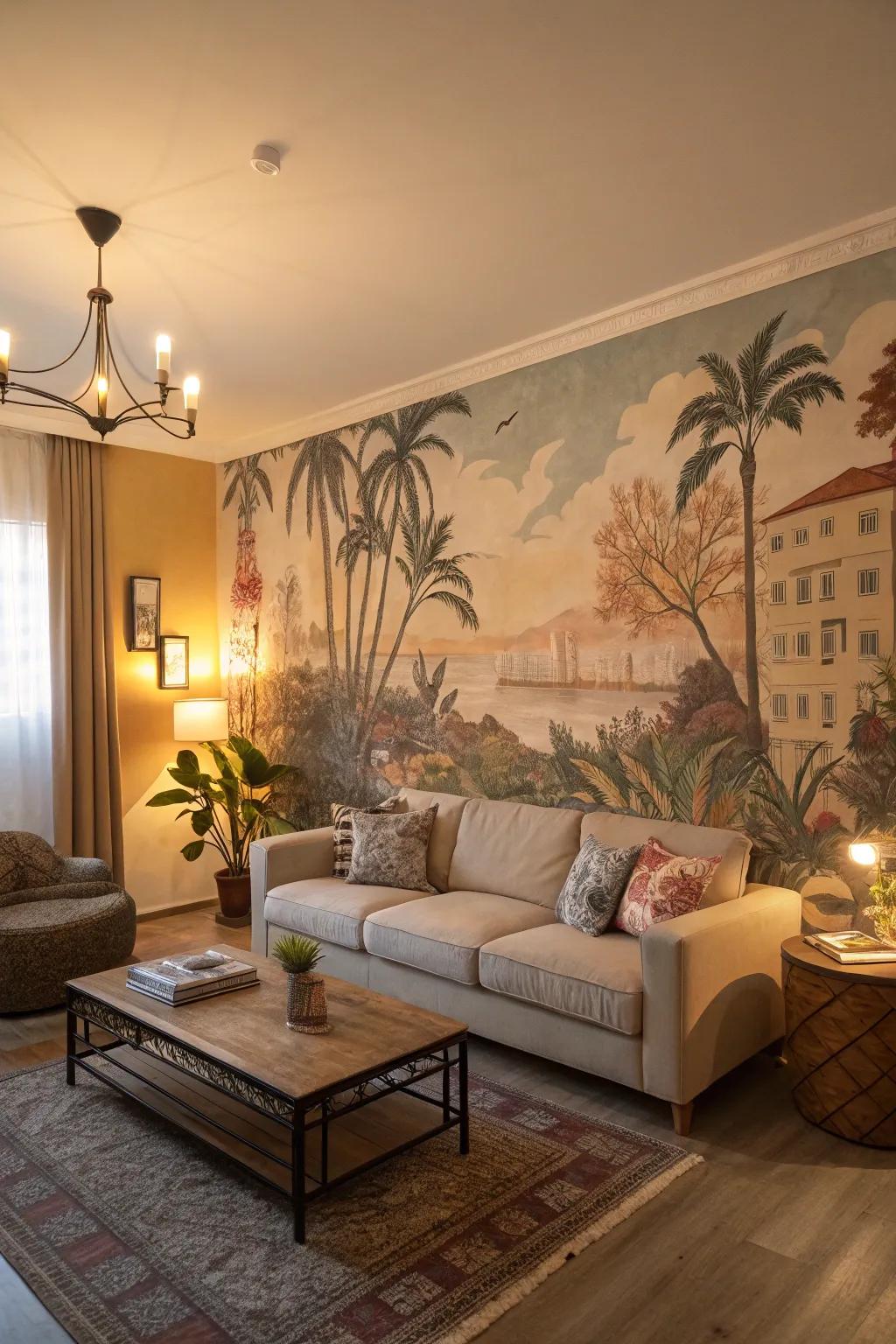 A breathtaking mural transforming the room into an art gallery.
