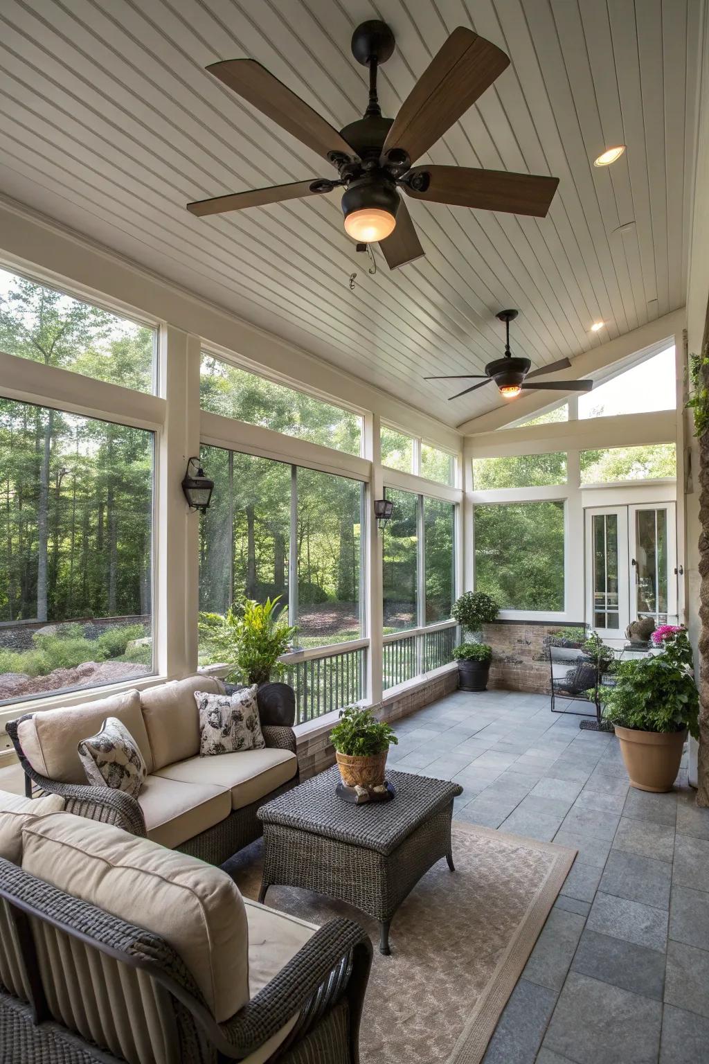 A well-ventilated patio showcasing wind fans for a breezy atmosphere.