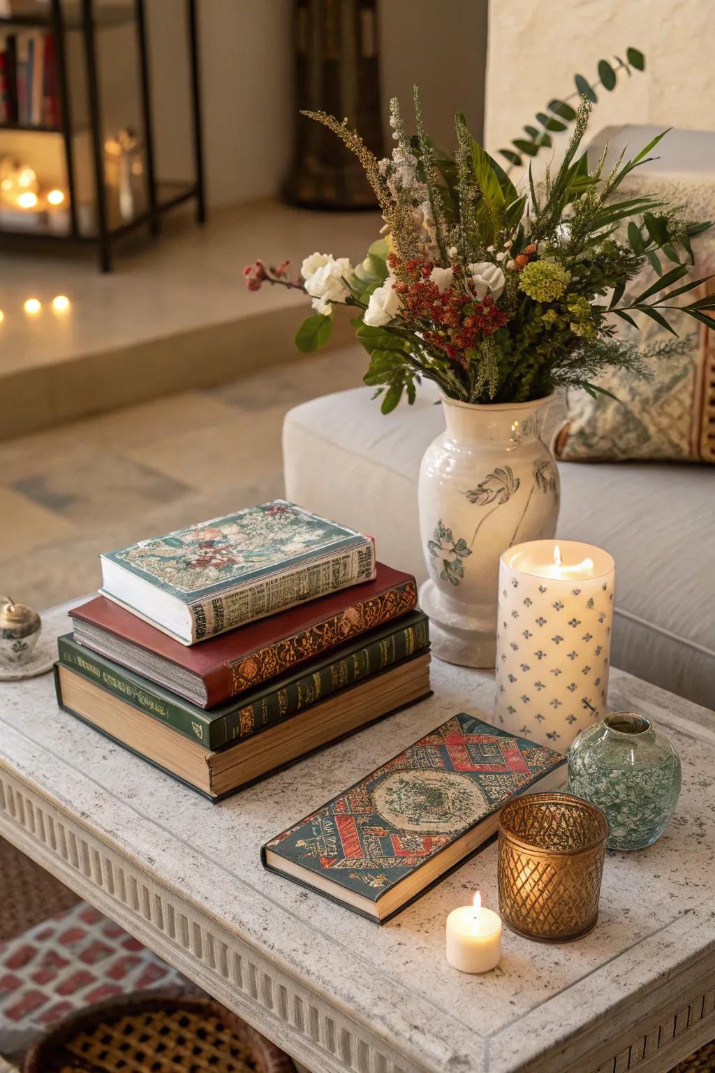 Books with beautiful covers add artistry to an end table.