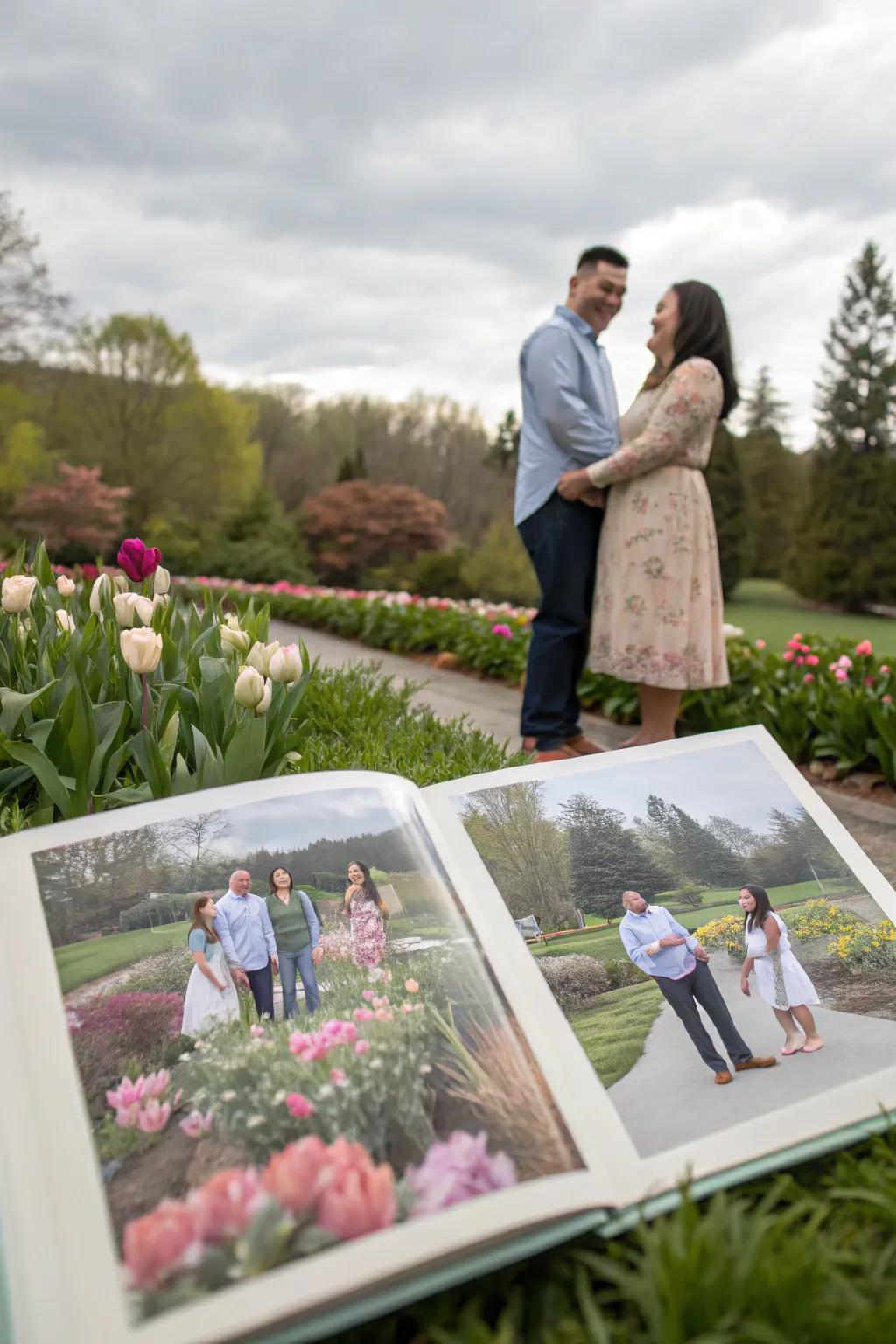 Relatives and companions enhance the warmth of an engagement photo book.