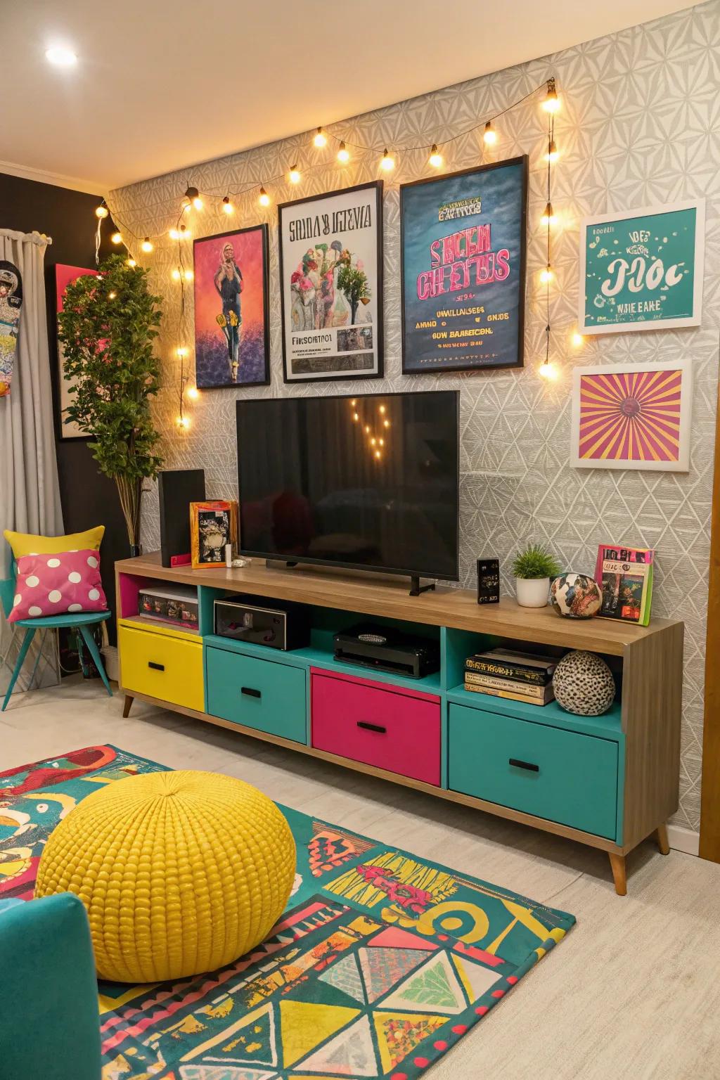 Bright decor elements introduce pops of color to this entertainment center.