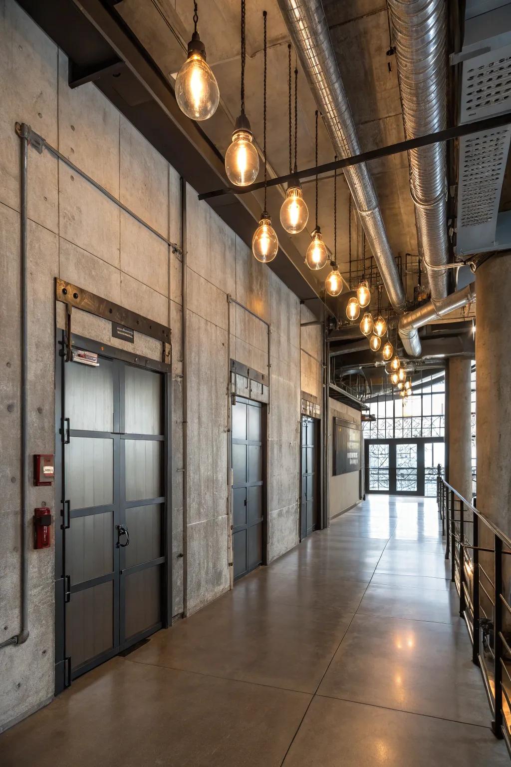 Industrial lighting gives this entrance an edgy appeal.
