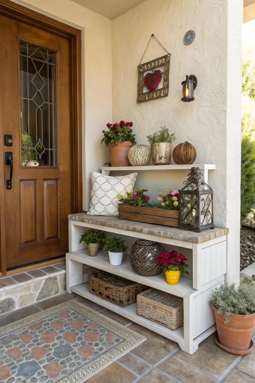 A multi-tiered bench provides extra space for decor and storage.