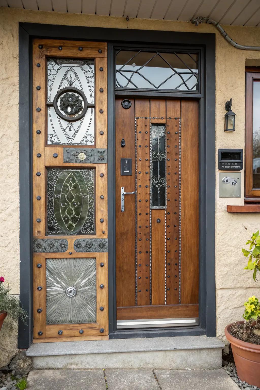 A combined front door puts together various styles and materials.