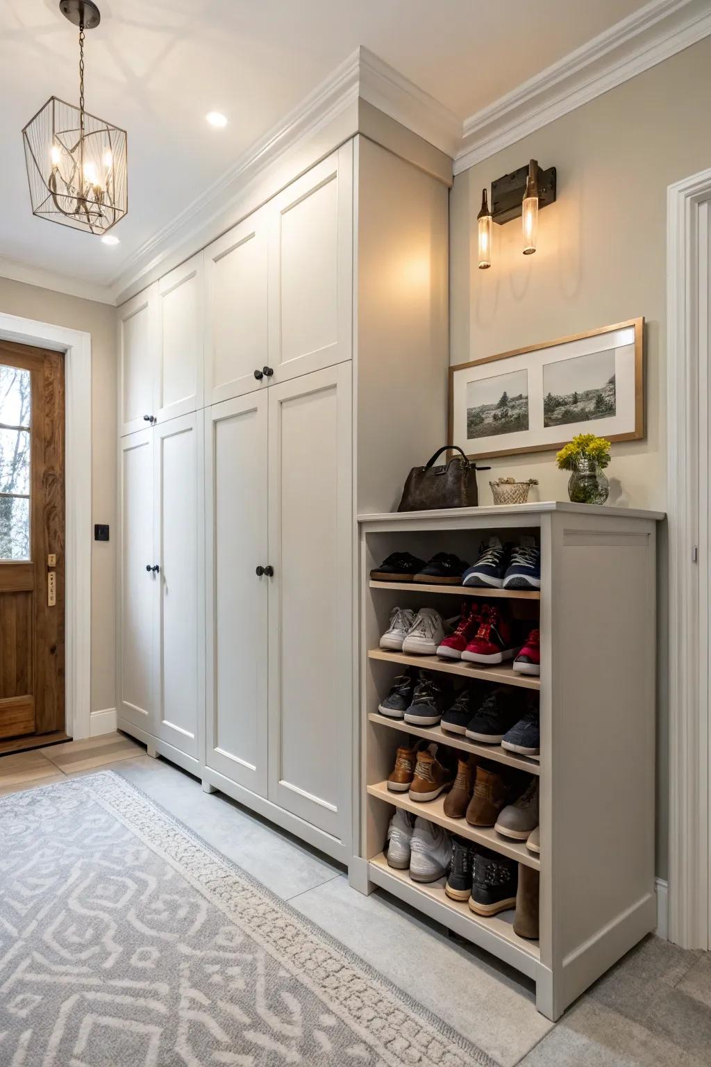 Concealed footwear storage keeps your entryway looking pristine.
