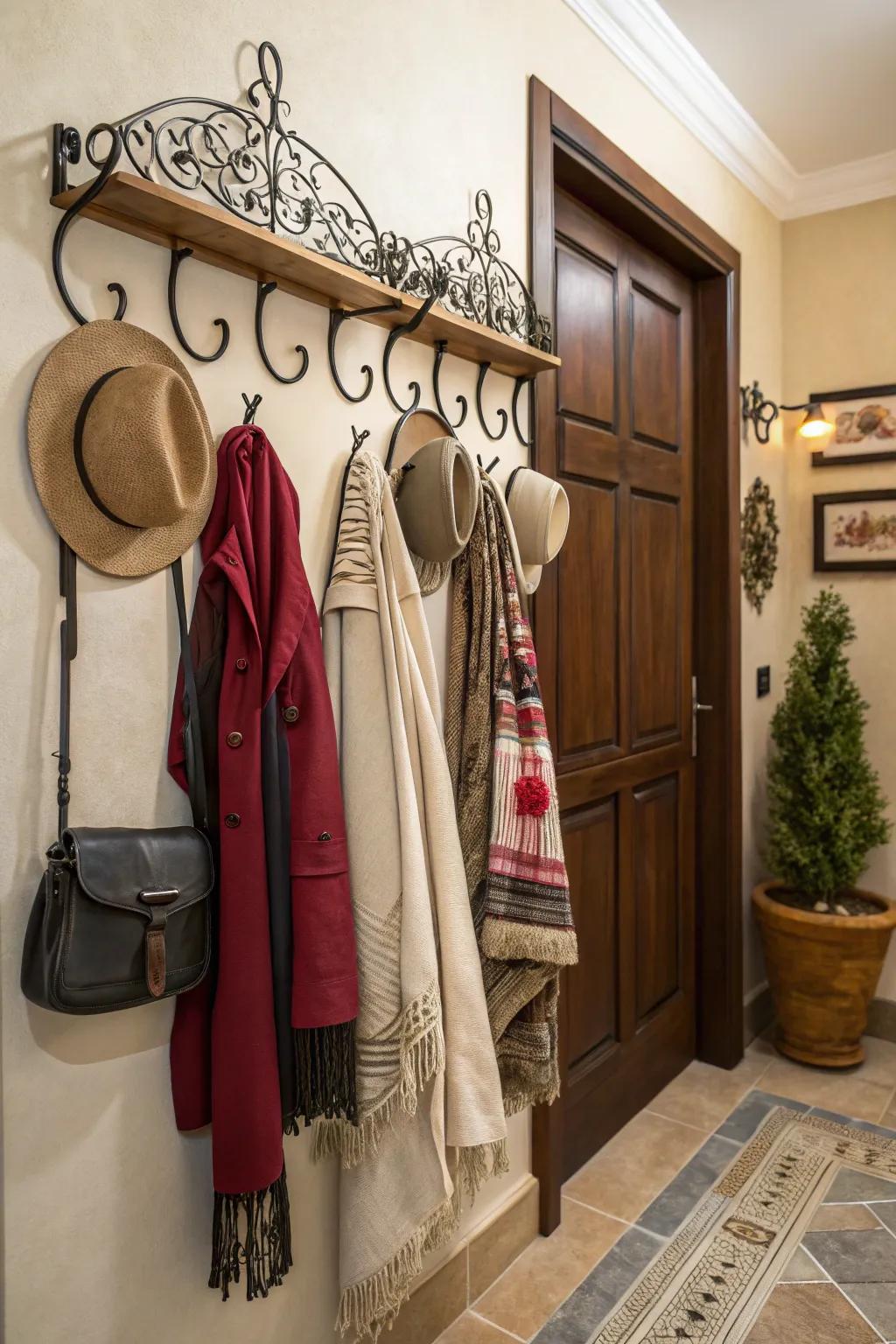 Ornamental pegs merge functionality and style in the entryway.