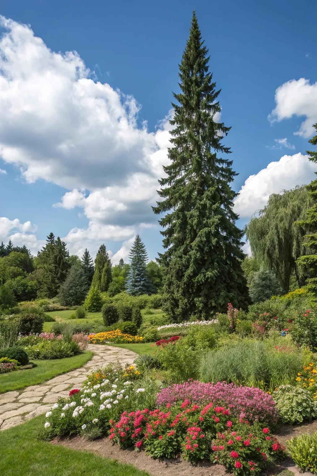 A garden presenting a remarkable evergreen to be a centerpiece.