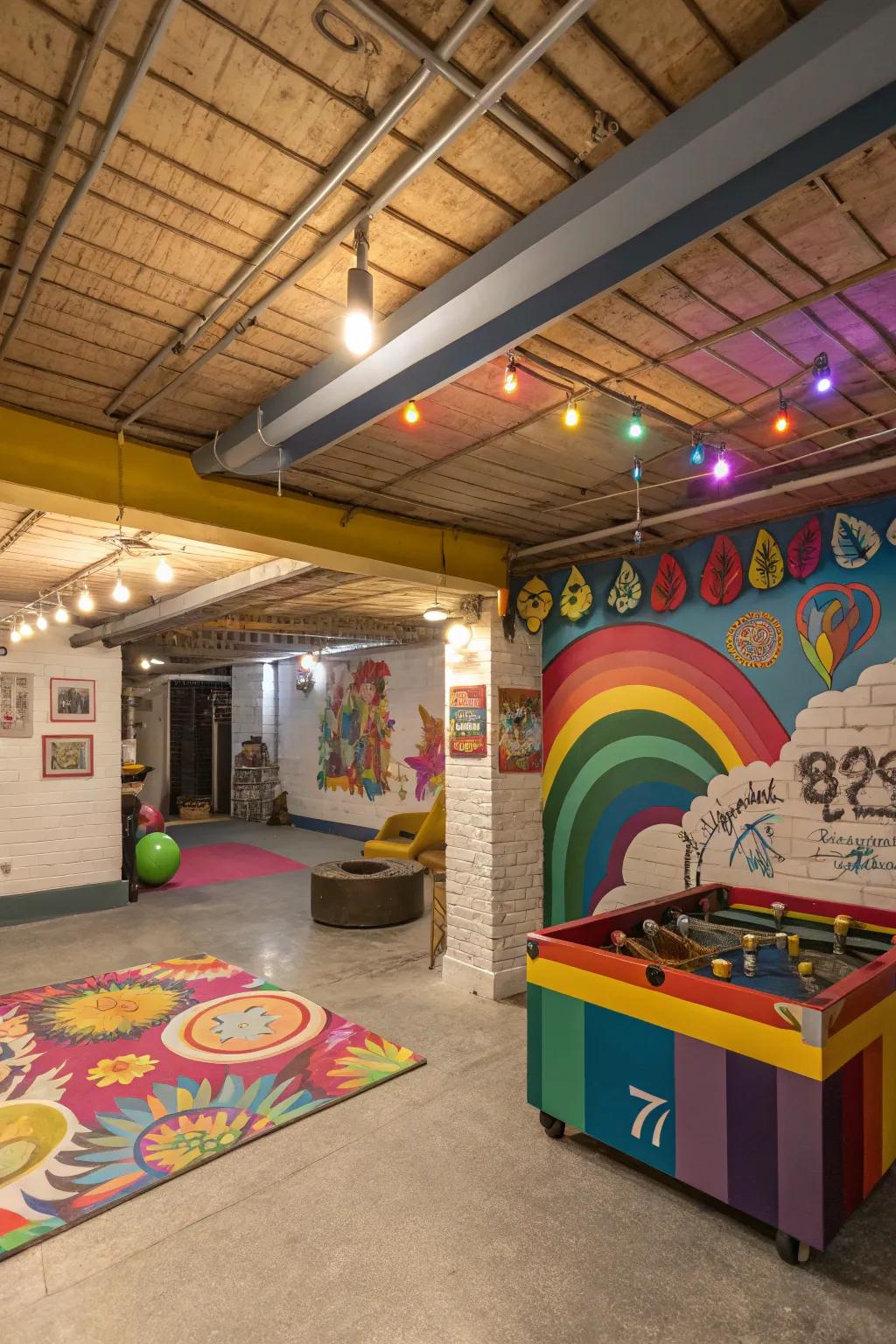 A fun and colorful ceiling adds energy to the area.