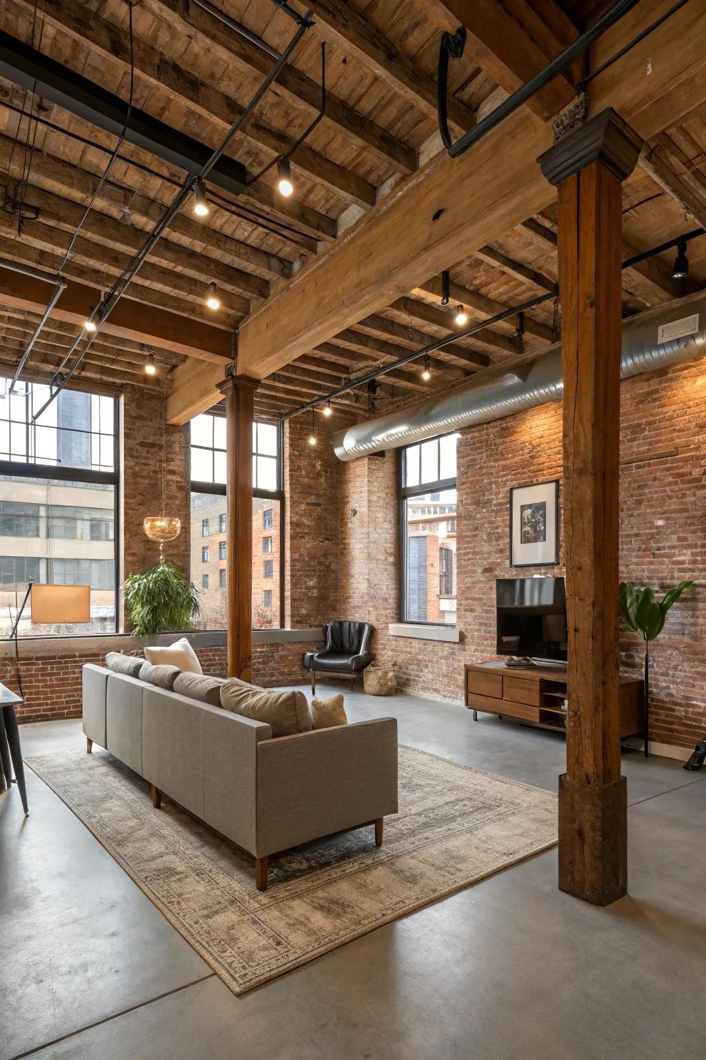 Metropolitan loft charm with rafters and brickwork.