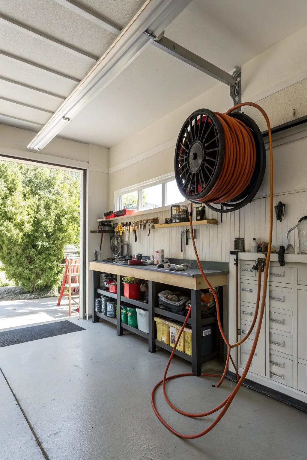 Ceiling-secured reels offer a tidy and accessible storage solution.