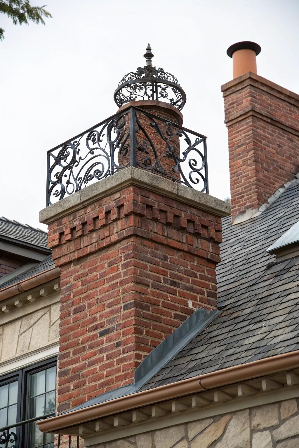 A fashionable smoke stack embellishment enhances the roofline.