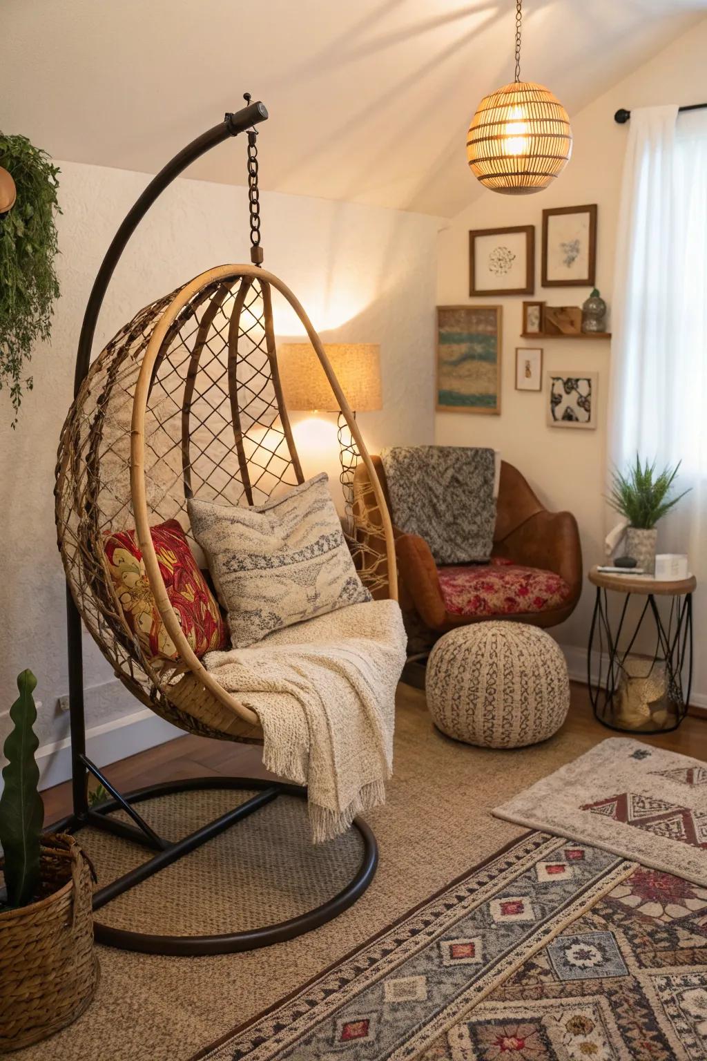 Hanging chairs offer a whimsical seating option.