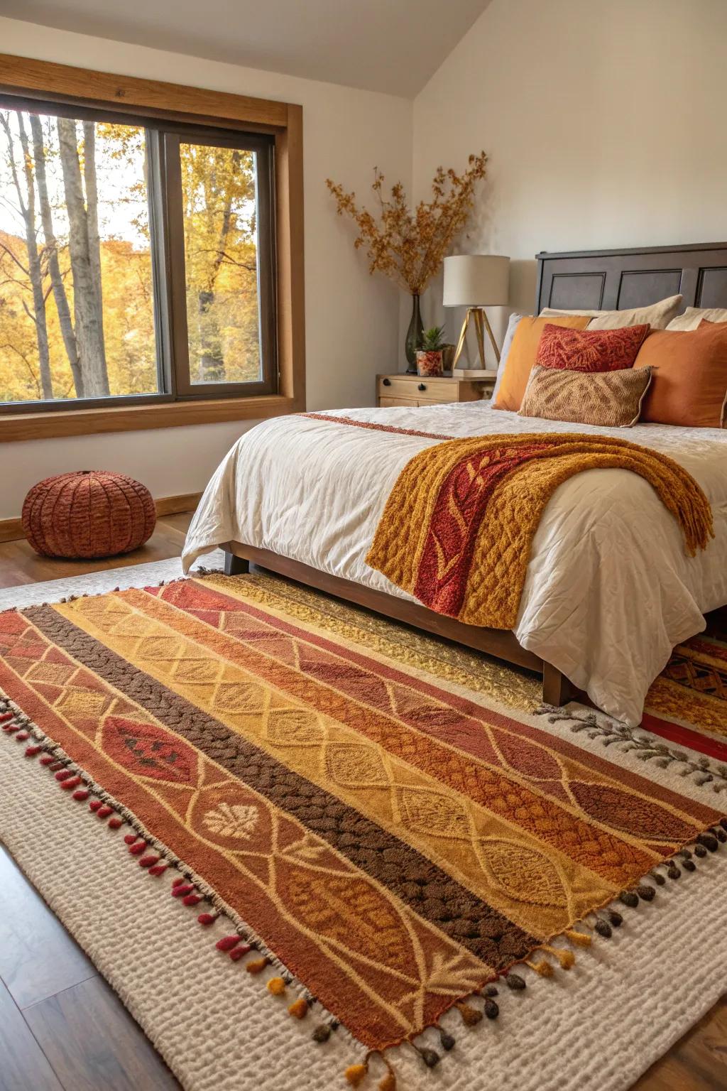 Layered carpets contribute texture and warmth to your bedroom floor.