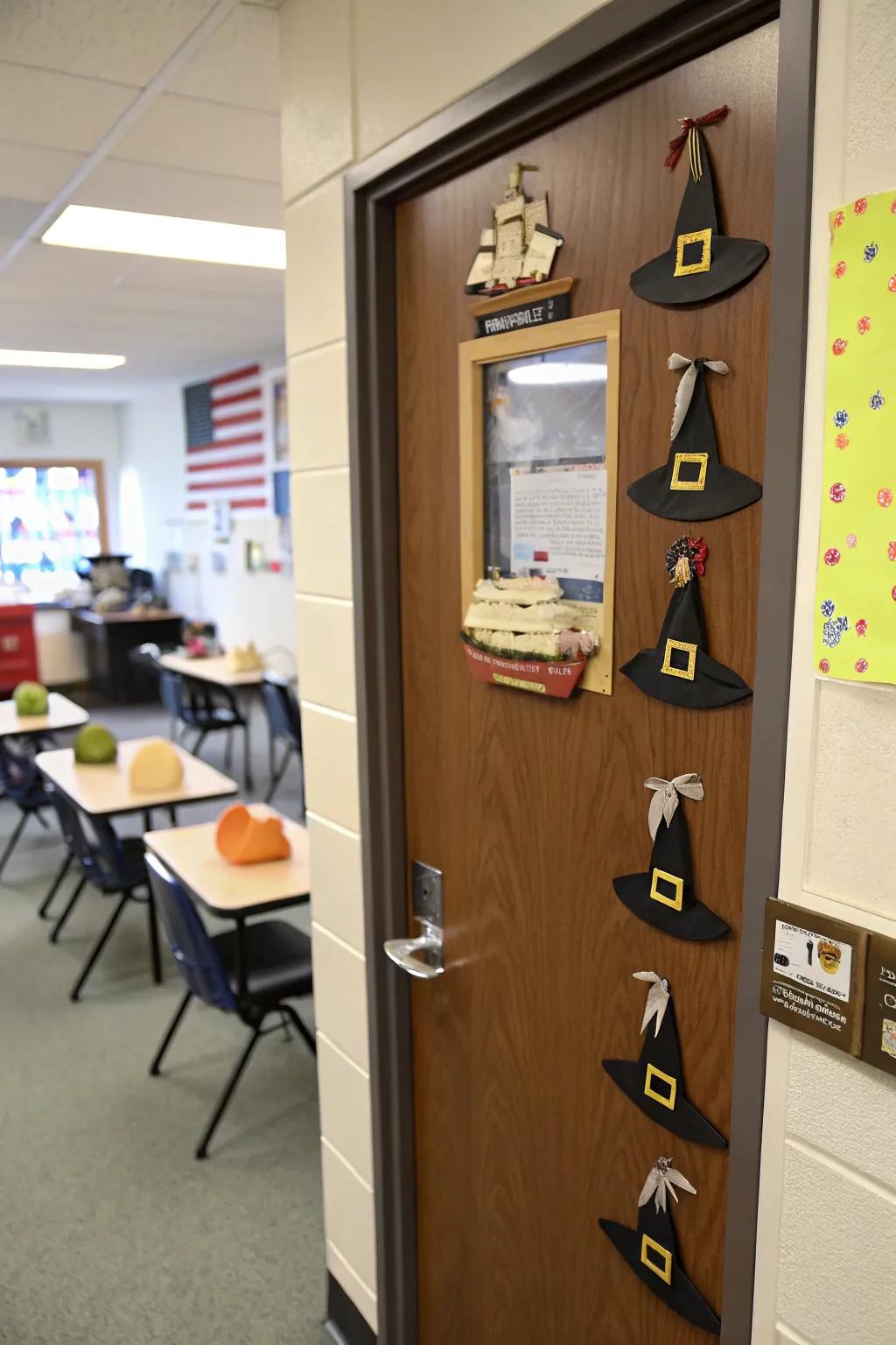 Pilgrim-inspired entrance decor featuring historical elements.