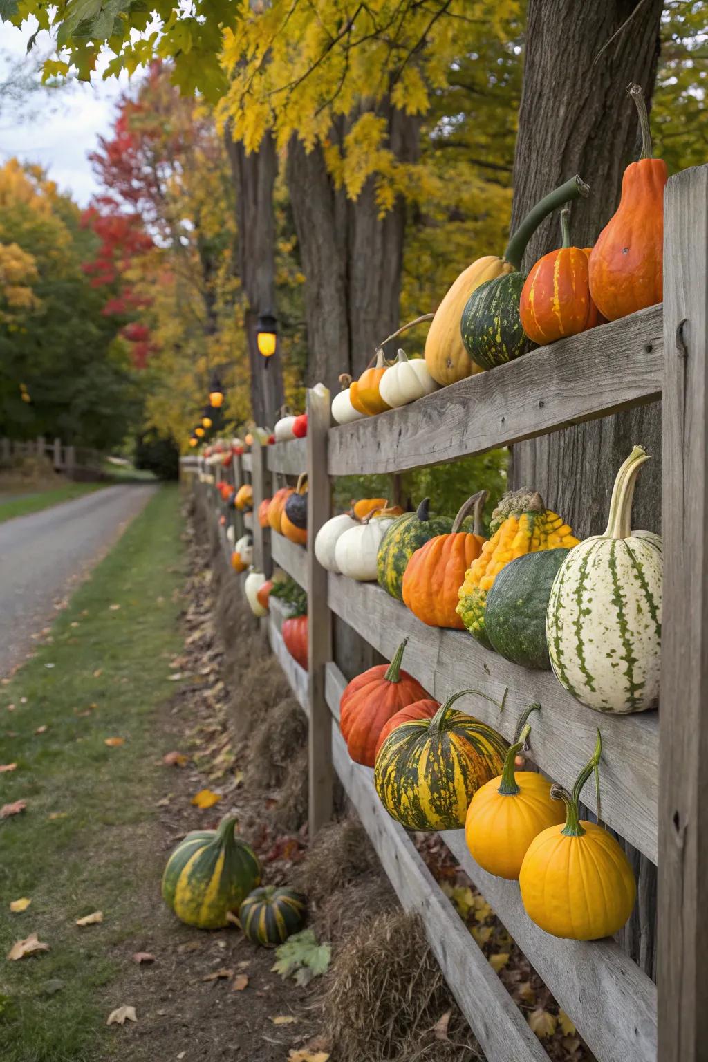 A selection of gourds creates a colorful display along the fence.