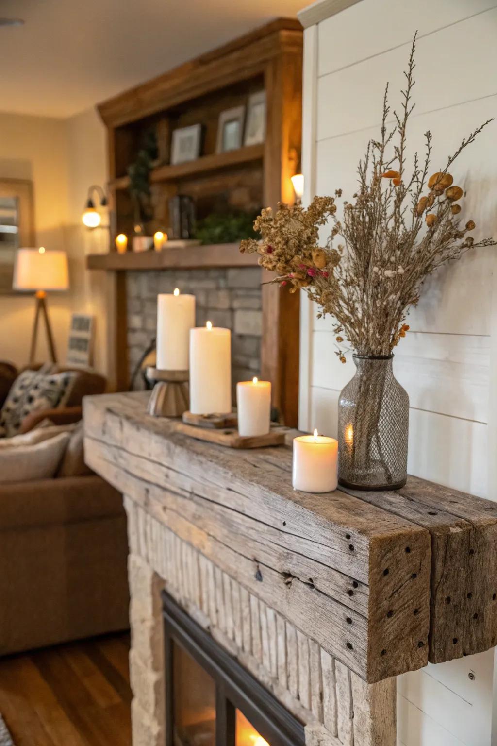 A fall mantel featuring country timber accents.