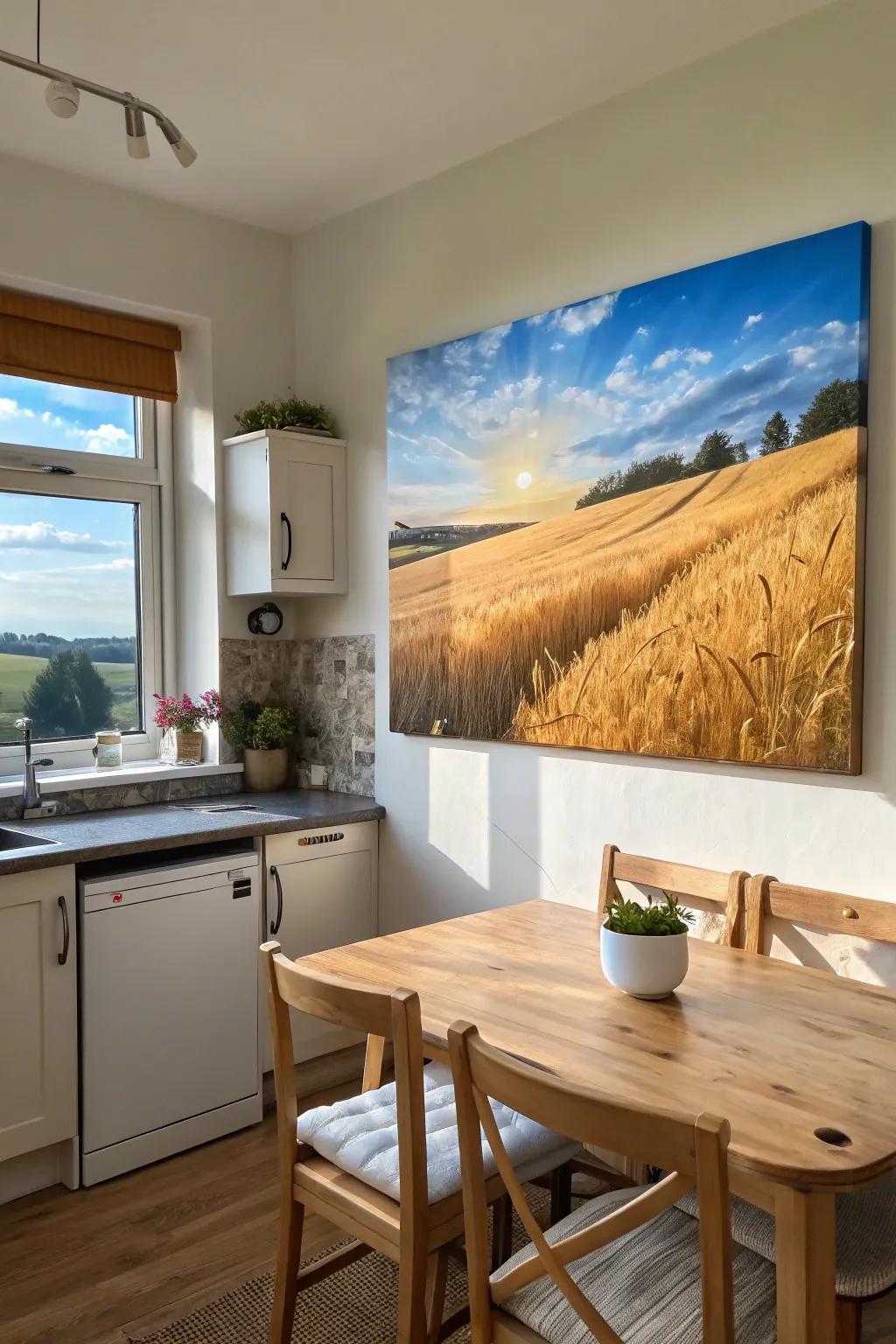 Gold colored wheat landscapes introduce the wealth of harvest indoors.