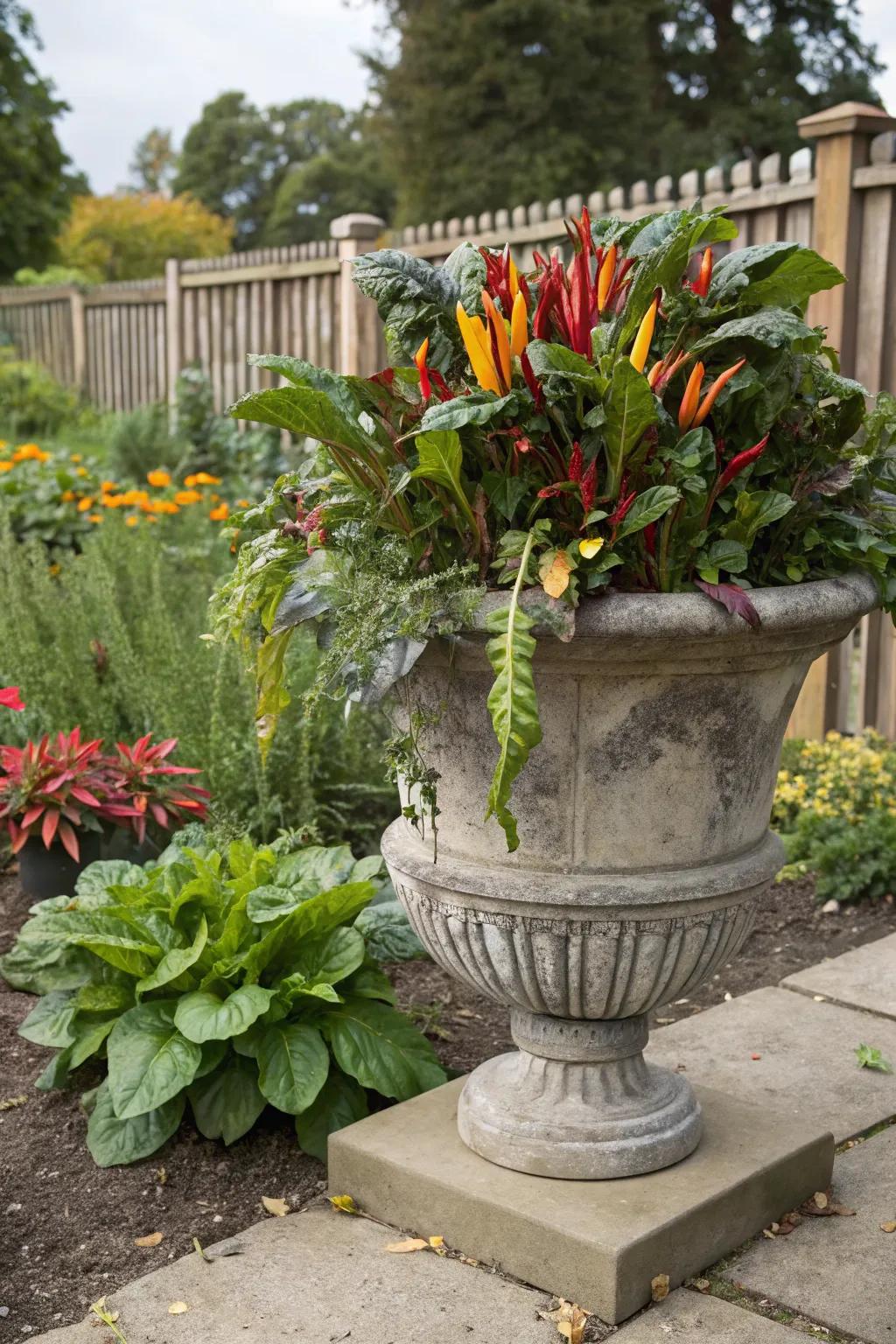 Vibrant greens in a fall container arrangement.