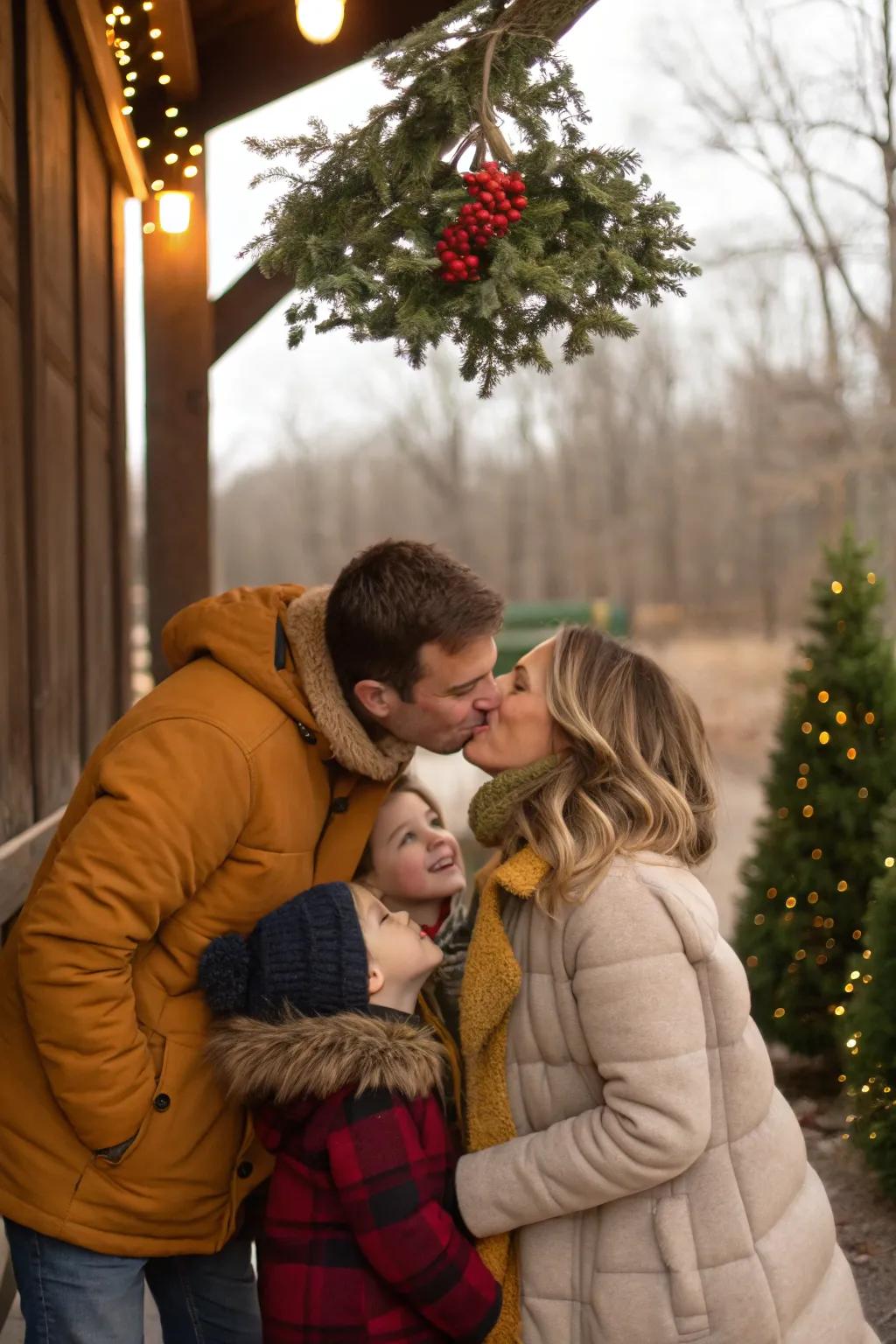 An evergreen moment injects a touch of romance to your family picture.