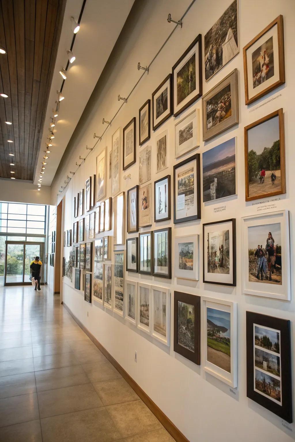 Large wall transformed into a personal photo gallery.