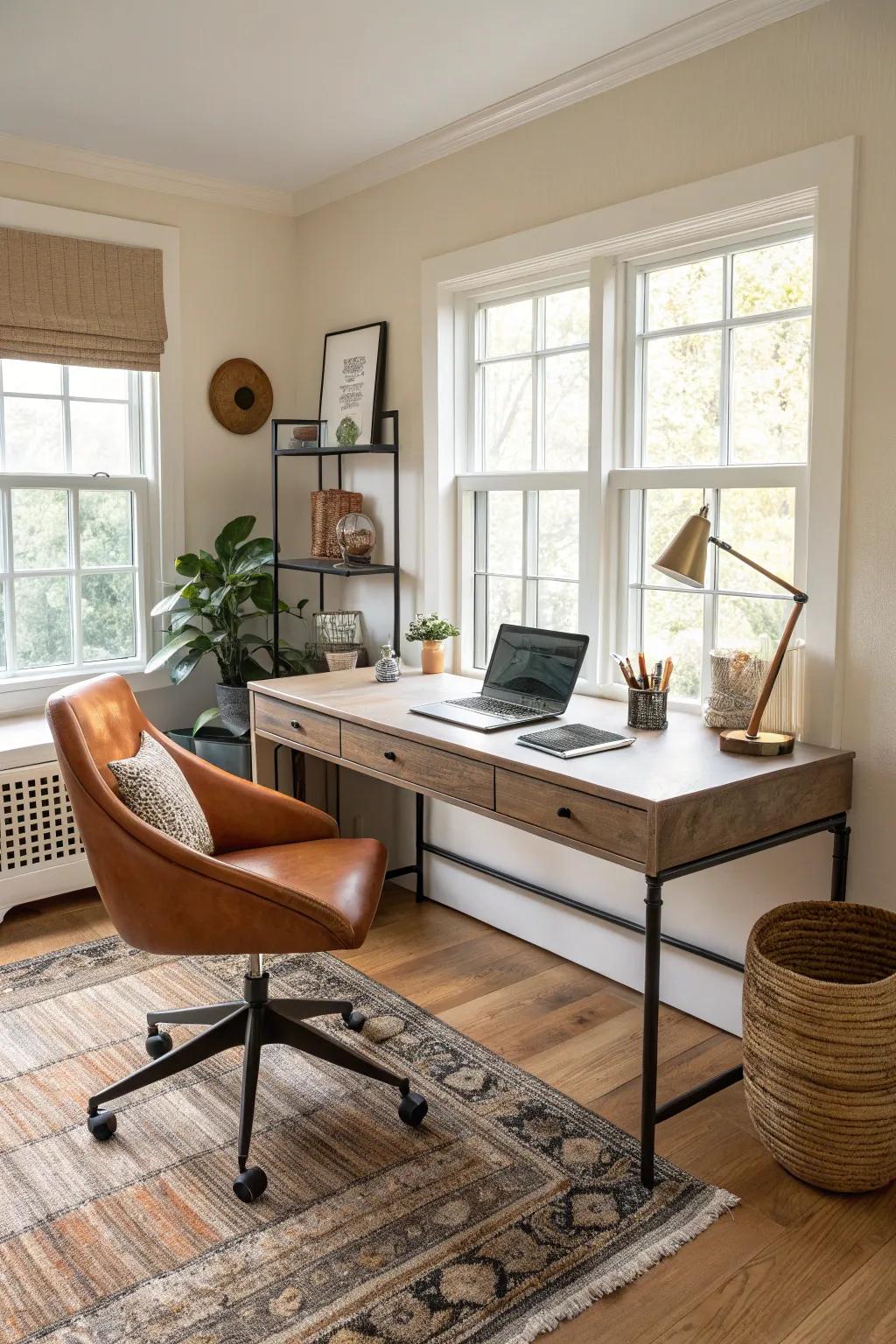 A family room featuring a discreet and functional home-office space.